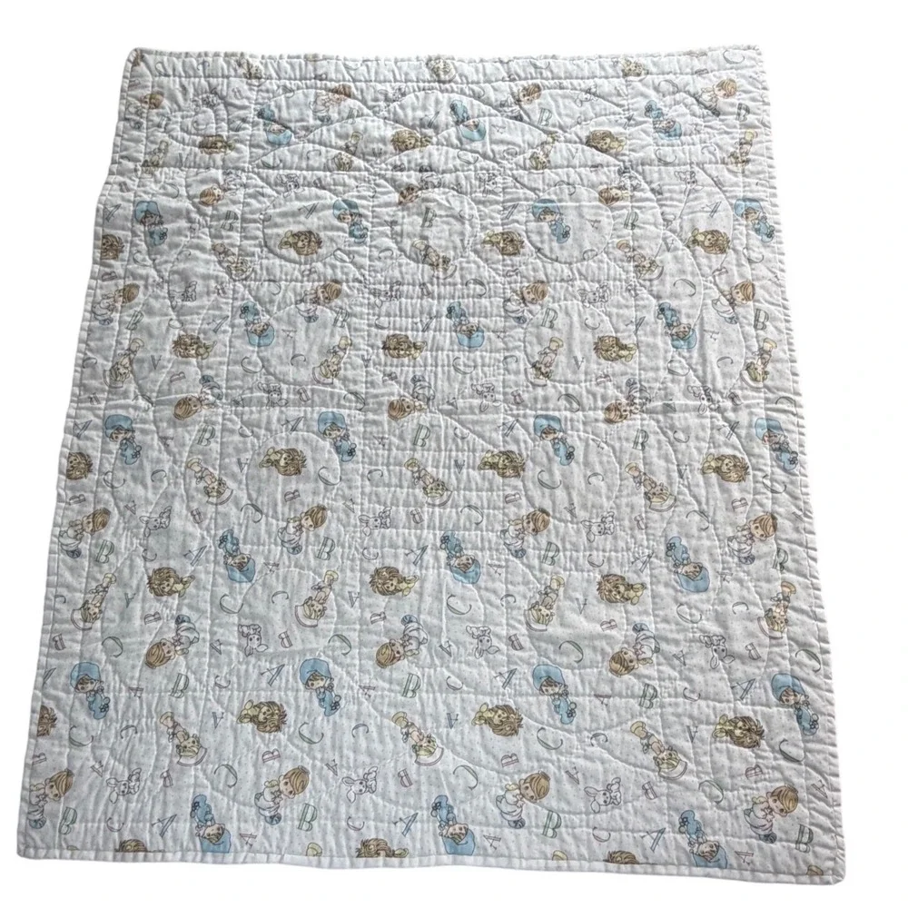 Vintage Precious Moments Baby Quilt Now I Lay Me Down To Sleep Embroidered White
